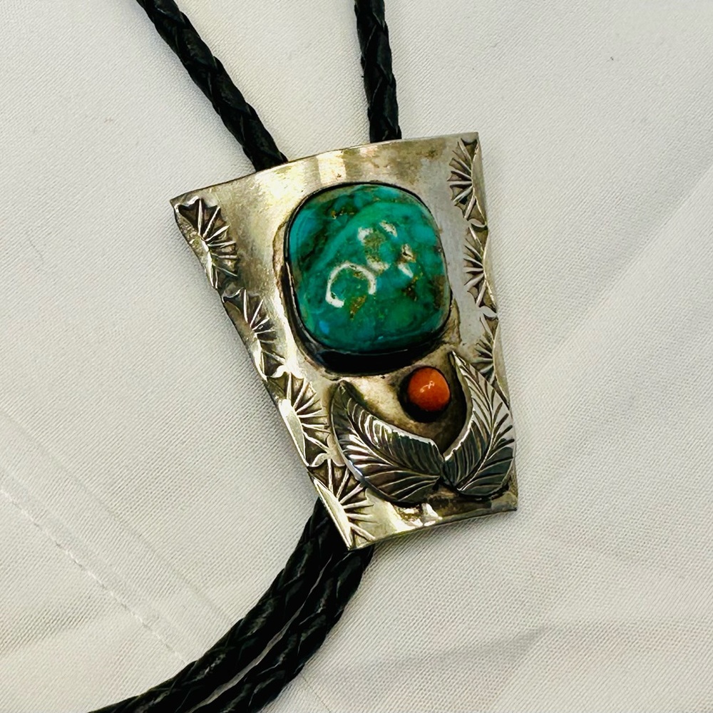 Vintage Sterling Silver Turquoise & Red Coral Bolo Tie
